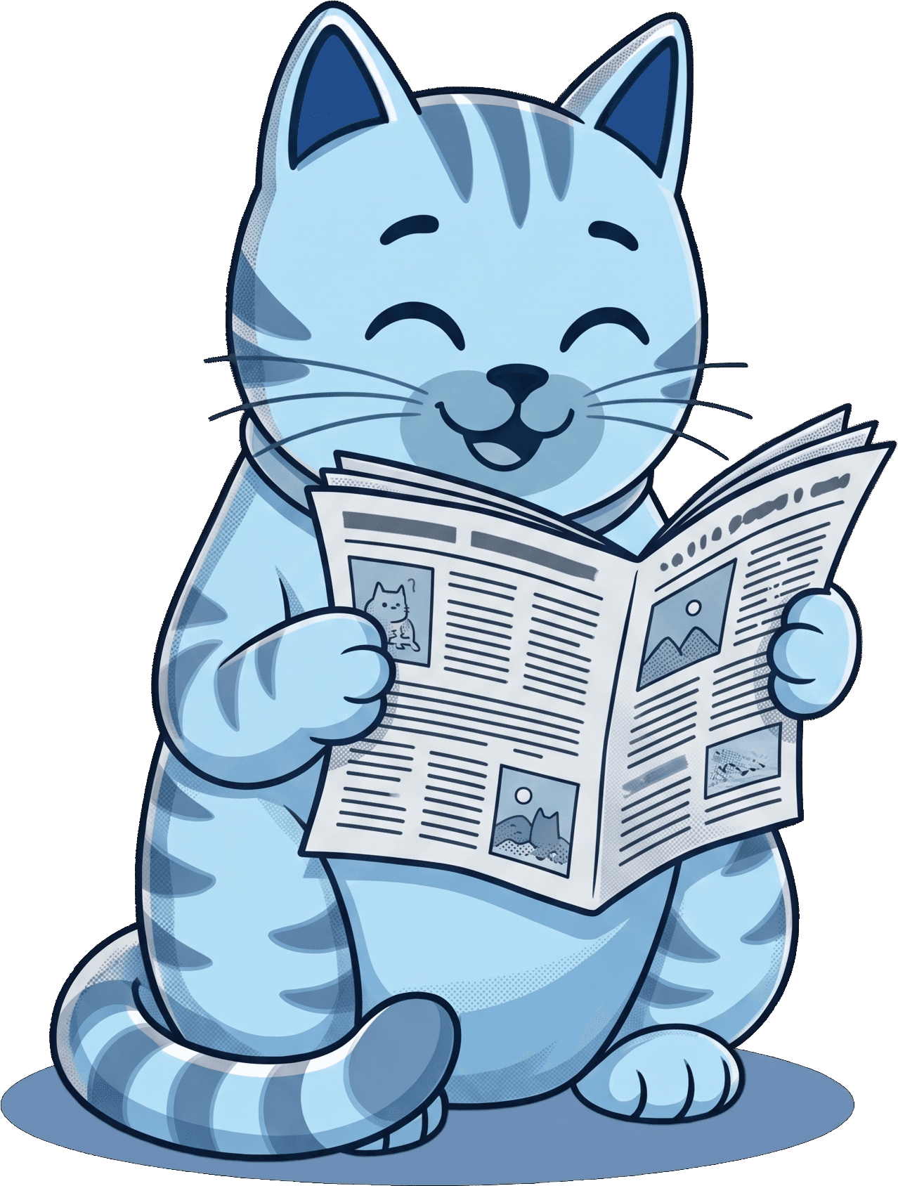 The Vetric mascot cat smiling while reading a newspaper